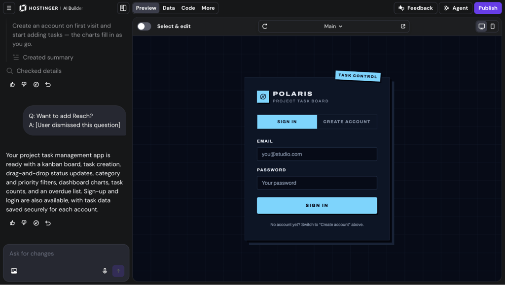 Hostinger AI Builder preview showing the Polaris sign-in screen