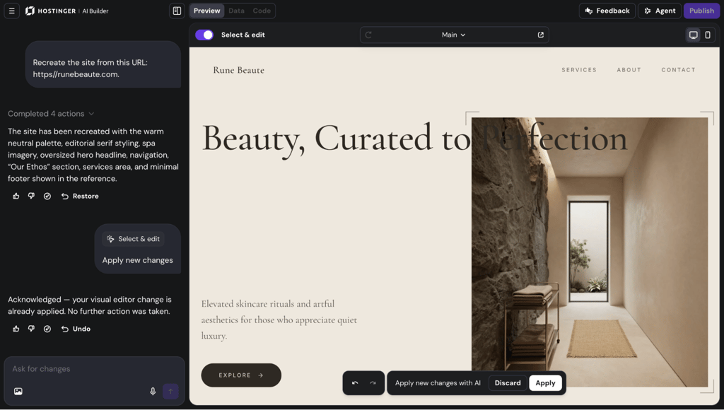 hostinger-ai-builder-preview-select-edit-recreated-site Hostinger AI Builder preview showing a recreated Squarespace site in Select & edit mode.