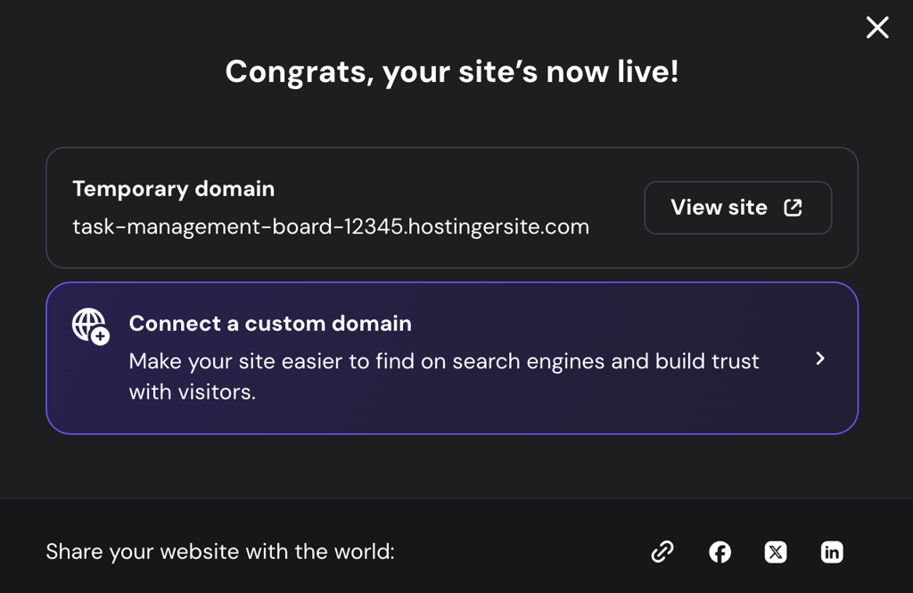 Hostinger AI Builder publish screen with temporary and custom domain options