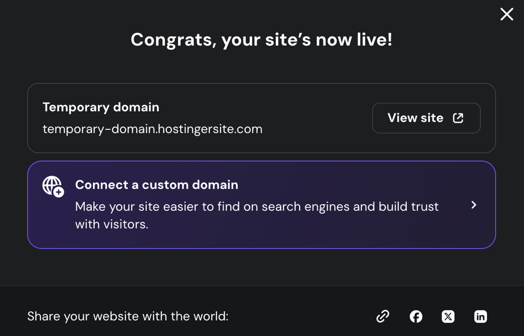 hostinger-ai-builder-publish-temporary-domain-connect-custom-domain Hostinger AI Builder publish screen showing a temporary domain and Connect a custom domain option.