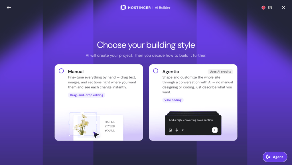 Hostinger AI Builder screen for choosing Manual or Agentic mode