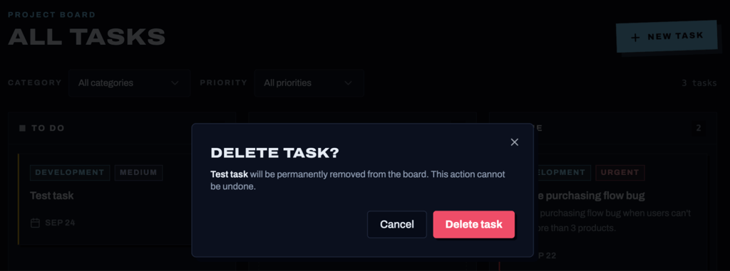 Hostinger AI Builder confirmation dialog for deleting a task