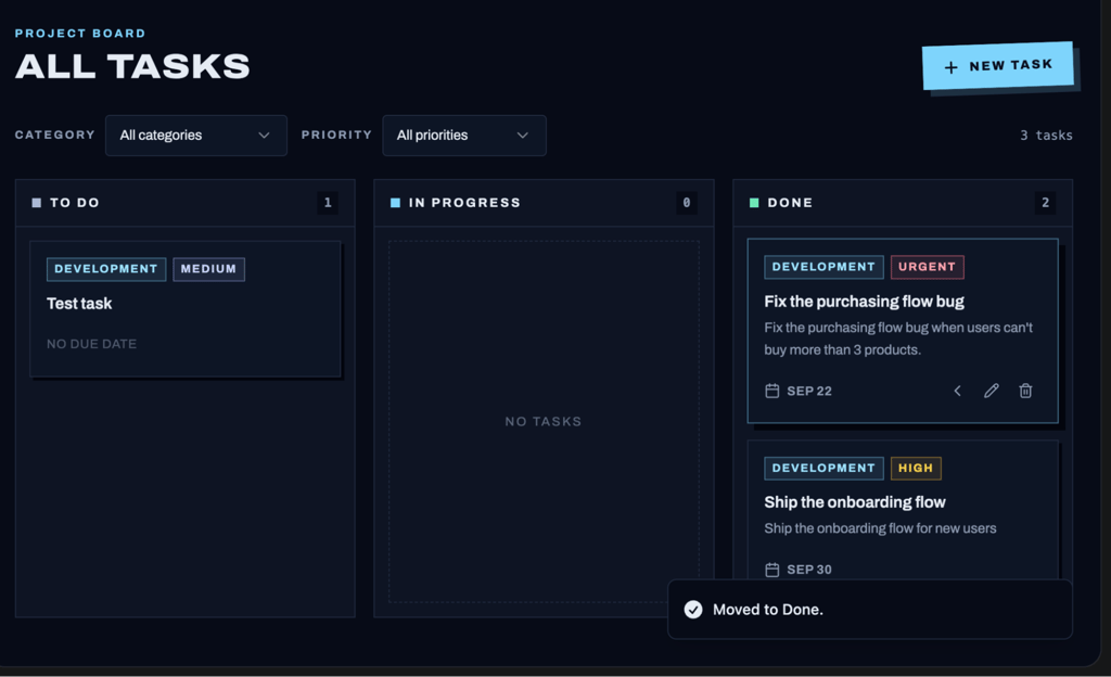 Hostinger AI Builder task board after moving a task to Done