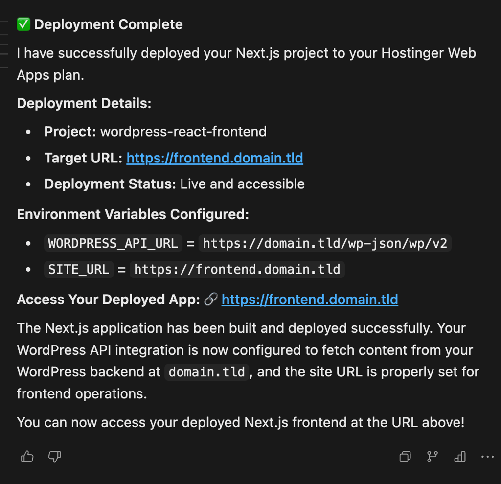 hostinger-web-apps-nextjs-deployment-complete Visual Studio Code chat showing a completed Next.js deployment to Hostinger Web Apps with the project name, target URL, environment variables, and live deployment status.