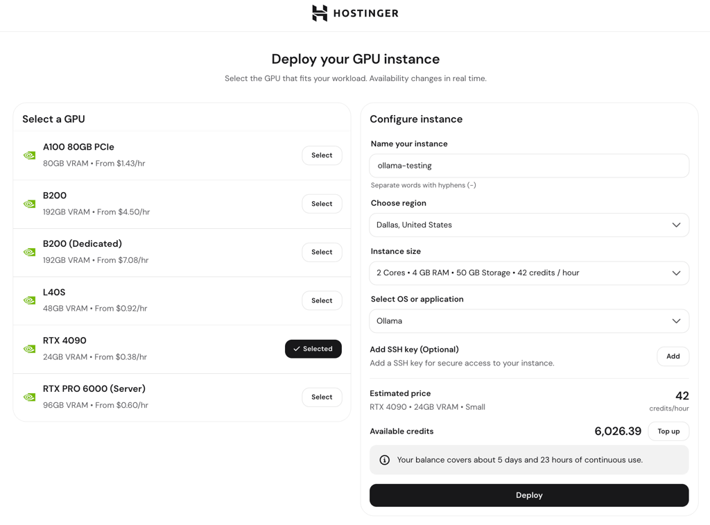 hpanel-gpu-deploy-instance-rtx-4090-ollama-template Hostinger GPU deployment page with RTX 4090 selected and Ollama template configured