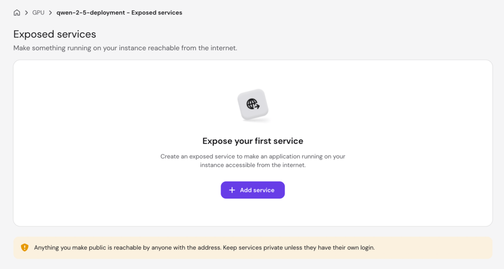 hPanel Exposed services page showing no public services configured for the GPU instance