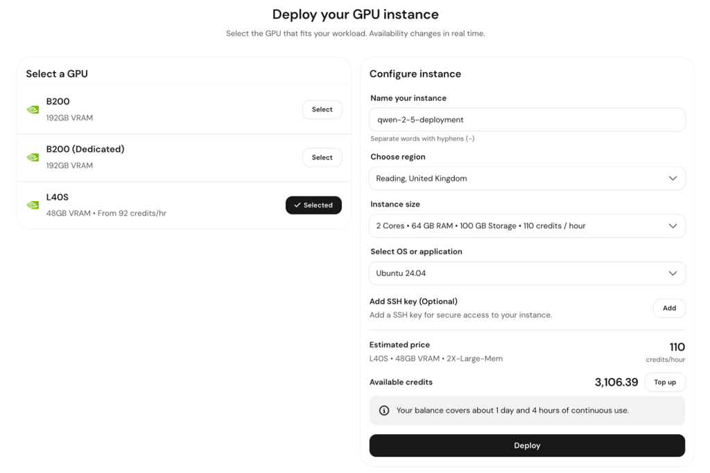 hPanel GPU overview showing L40S instance details and SSH connection information