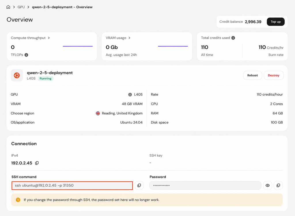 hPanel GPU overview with the SSH command highlighted for the Qwen deployment