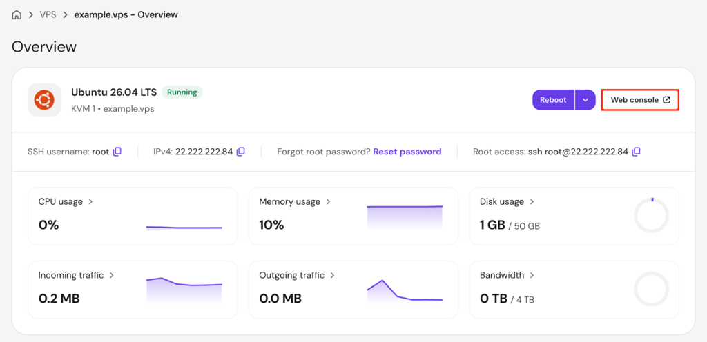 hpanel-vps-overview-web-console-highlighted Hostinger VPS Overview page with Ubuntu 26.04 LTS and the Web console button
