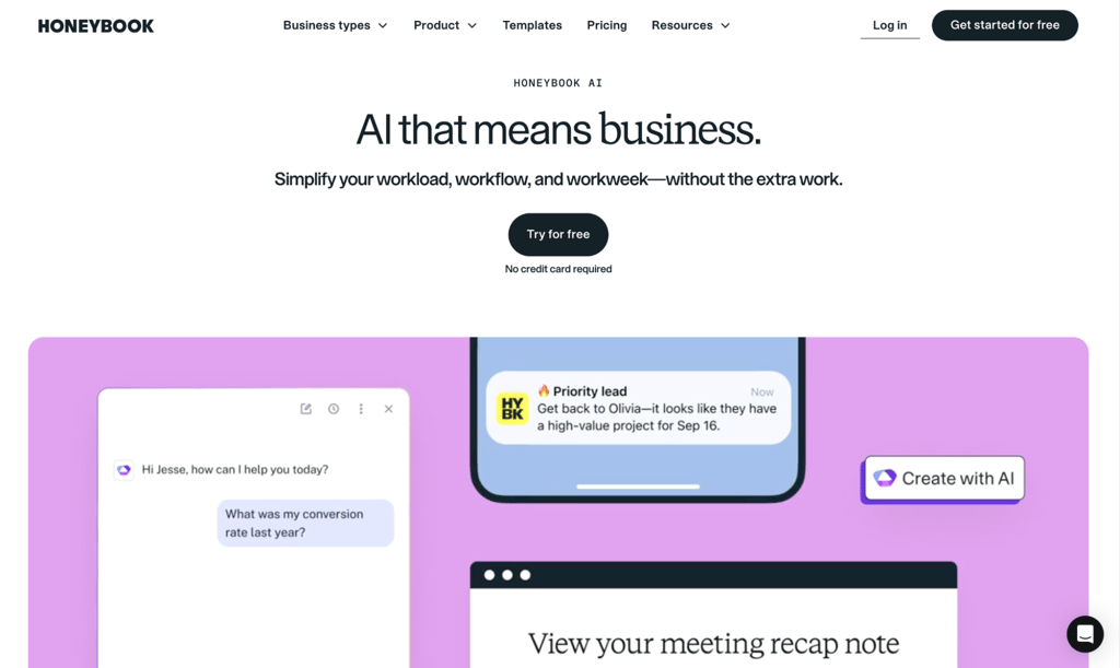 HoneyBook AI homepage