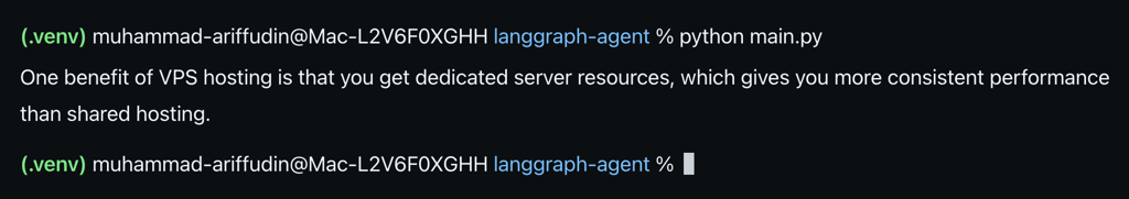 local-terminal-langgraph-agent-first-graph-response Terminal showing the first LangGraph graph returning a VPS hosting benefit