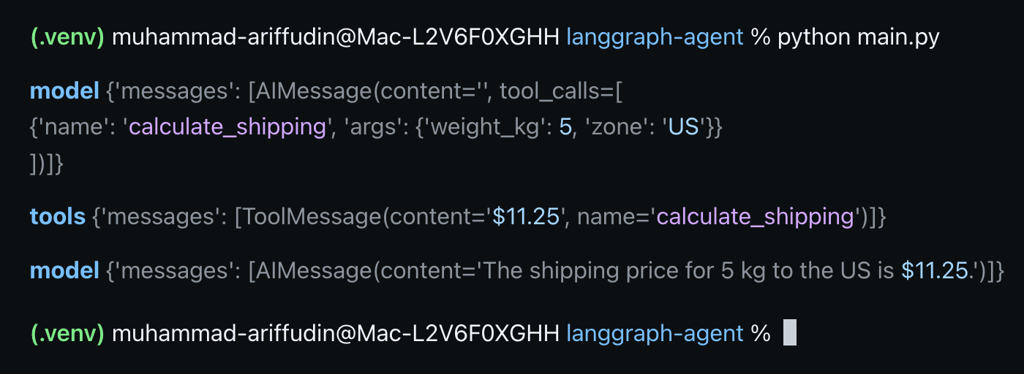local-terminal-langgraph-agent-stream-updates Terminal showing a LangGraph approval interrupt for the calculate_shipping tool