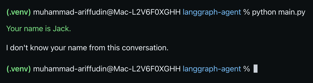 local-terminal-langgraph-agent-thread-memory Terminal showing one LangGraph thread remembering Jack and another thread not remembering