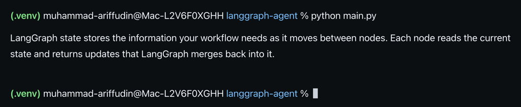 local-terminal-langgraph-agent-token-streaming Terminal showing a streamed two-sentence explanation of LangGraph state