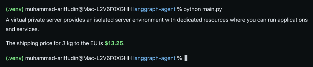 local-terminal-langgraph-agent-tool-routing-response Terminal showing direct and tool-assisted LangGraph responses, including .25 shipping