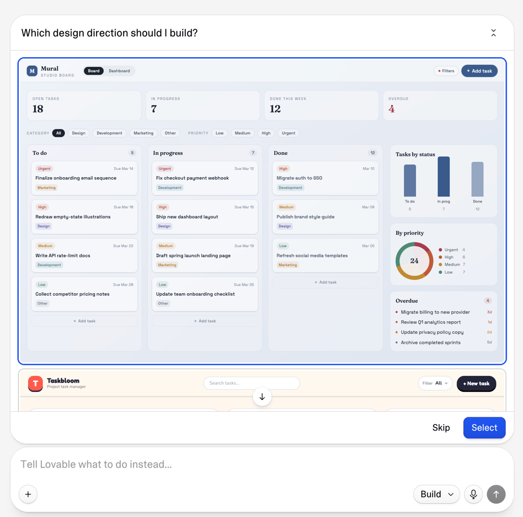 Lovable presenting design directions before building the full app