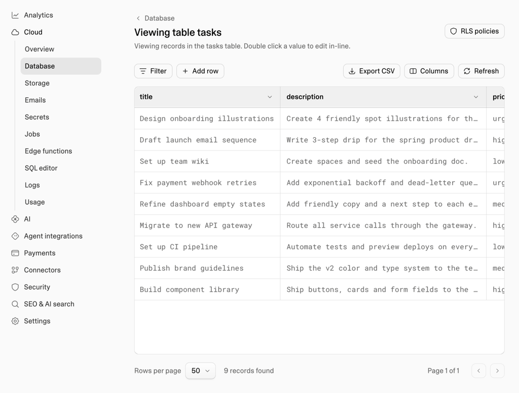 Lovable database table containing saved task records