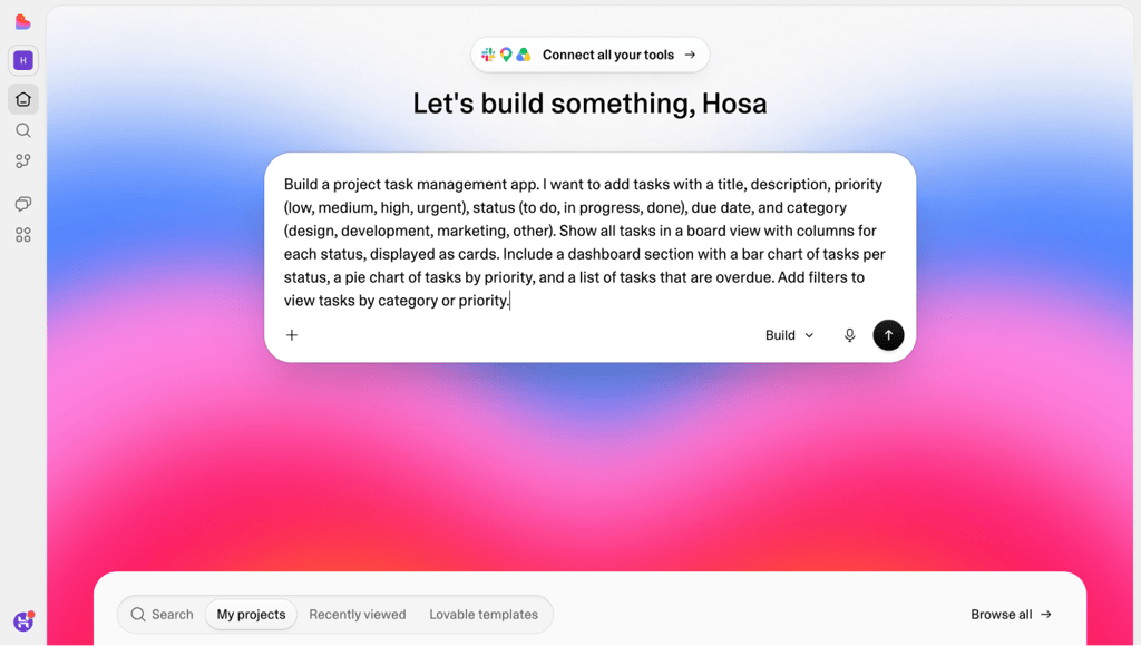 Lovable prompt for generating the project task management app