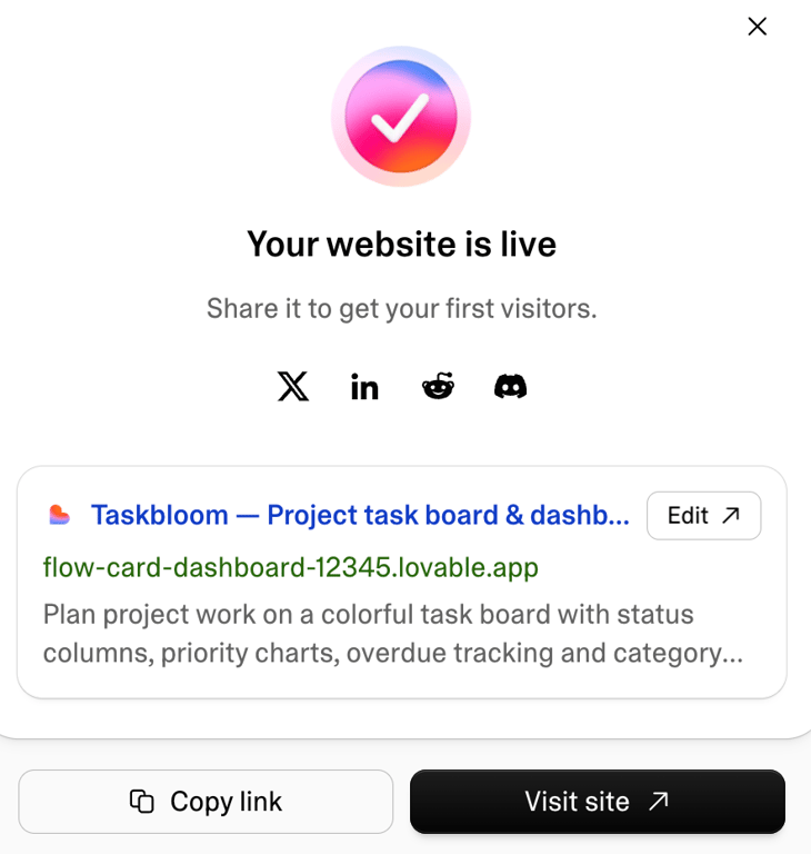 Lovable publish confirmation with the live app URL
