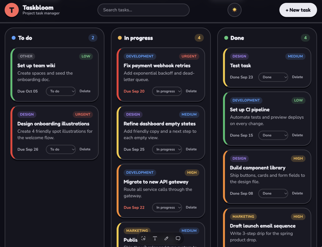 Lovable Taskbloom board in dark mode with priority-colored borders