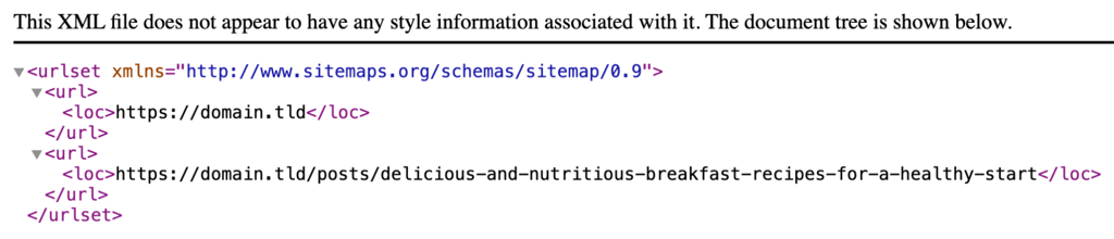 nextjs-sitemap-xml-post-urls Browser showing the generated sitemap.xml file with XML entries for the site home page and a published WordPress post URL.