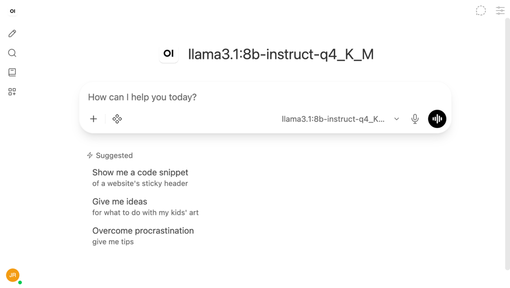 open-webui-llama-3-1-8b-chat-interface Open WebUI chat interface with Llama 3.1 8B Q4_K_M model selected and ready to use
