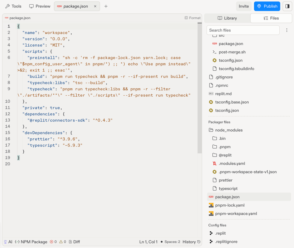 Replit code editor showing package.json and generated project files