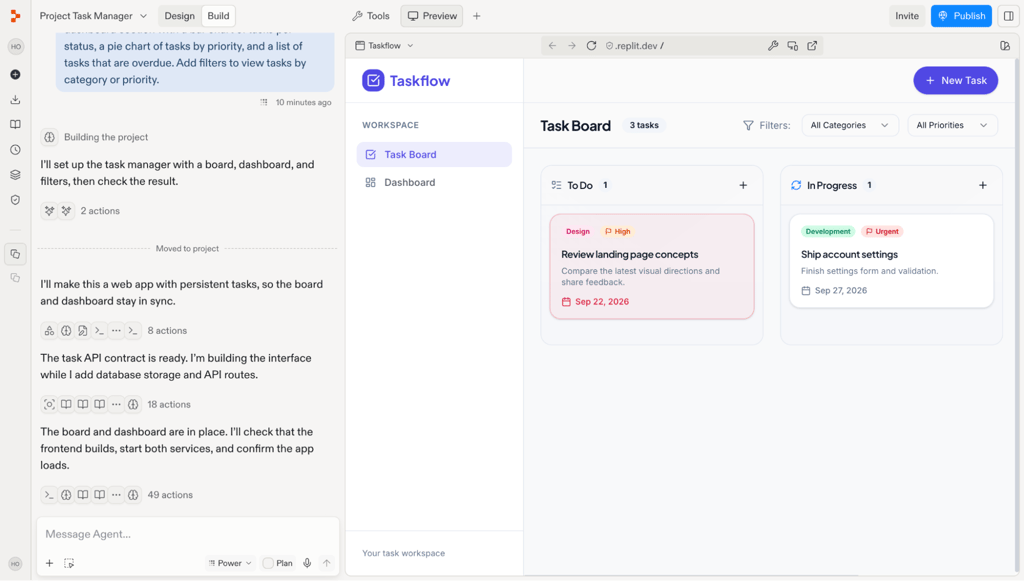 Replit task board preview after the first AI-generated build