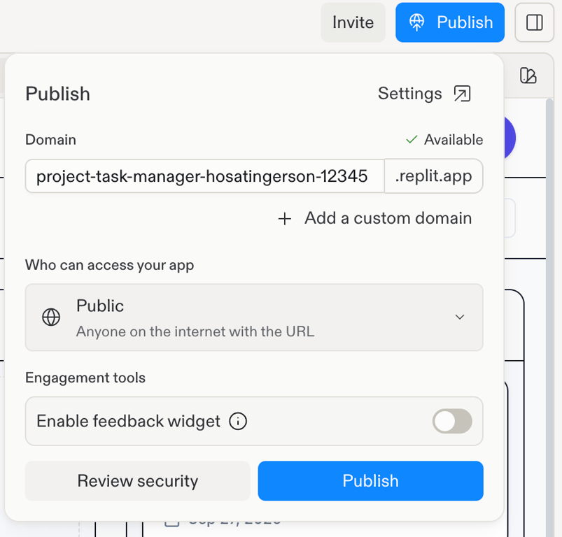 Replit publishing dialog with domain and security review options