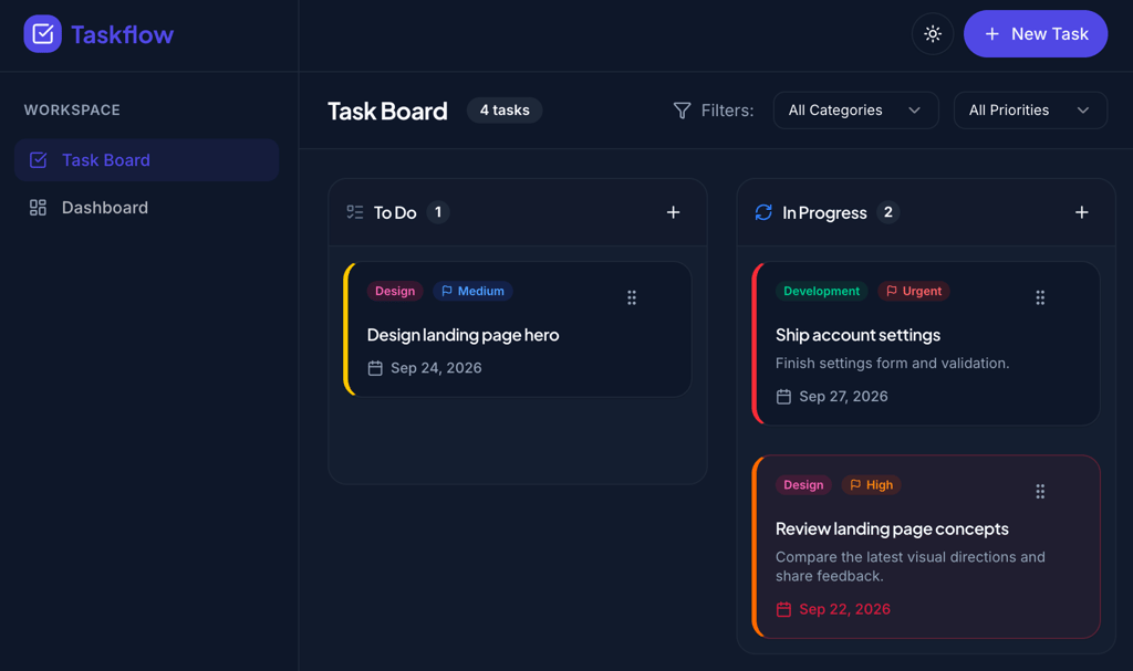 Replit task board in dark mode with priority-colored card borders