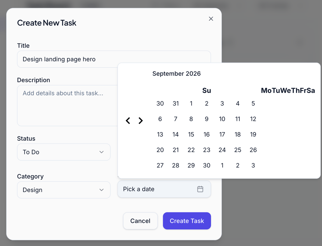 Replit task form with misaligned weekday labels in the date picker
