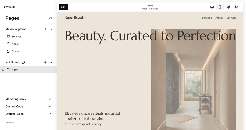 squarespace-pages-main-navigation-not-linked-home Squarespace Pages panel showing Main Navigation and Not Linked sections beside the site preview.