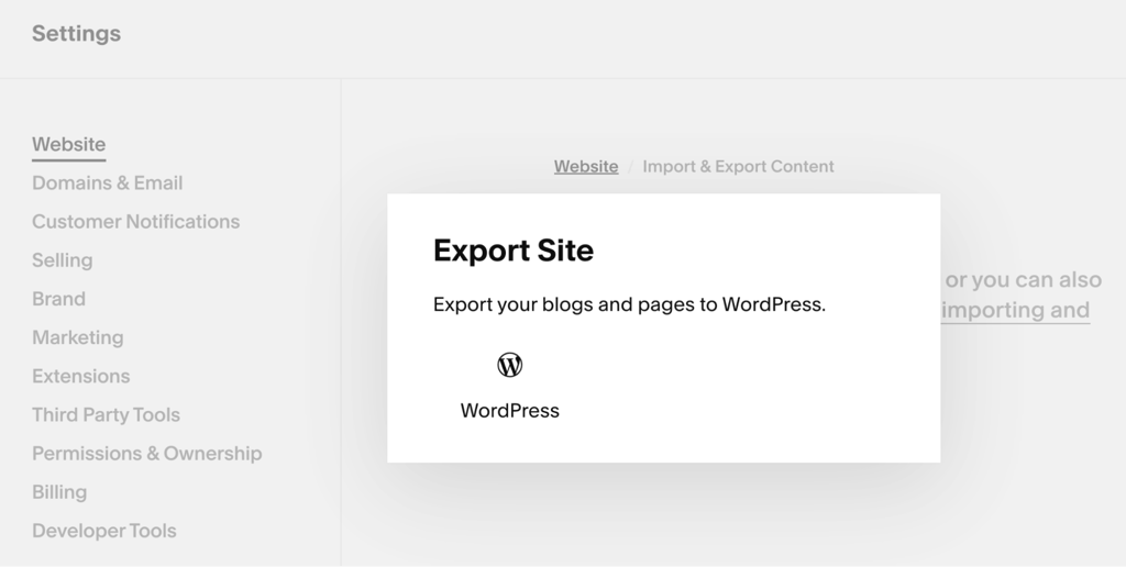 squarespace-settings-website-import-export-content-export-site-wordpress Squarespace Export Site window with WordPress selected under Import & Export Content.