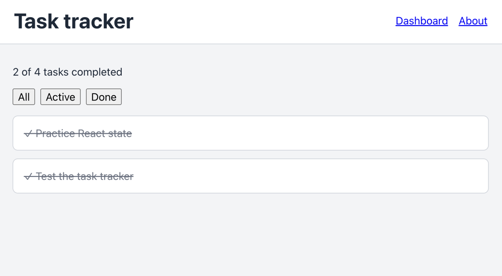 task-tracker-dashboard-task-filters-done React task tracker filtering completed tasks with All, Active, and Done buttons