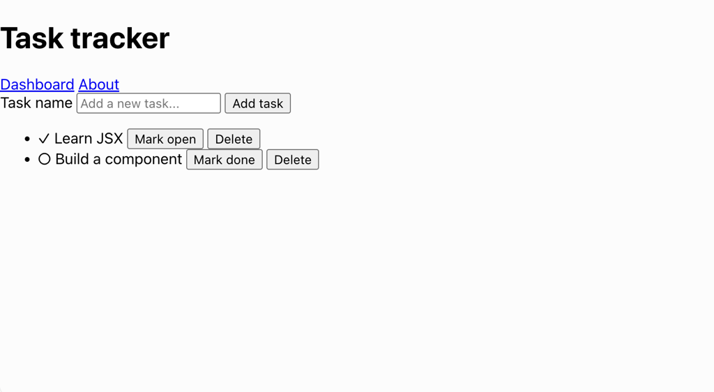 task-tracker-header-dashboard-about-navigation React task tracker dashboard with Dashboard and About navigation links