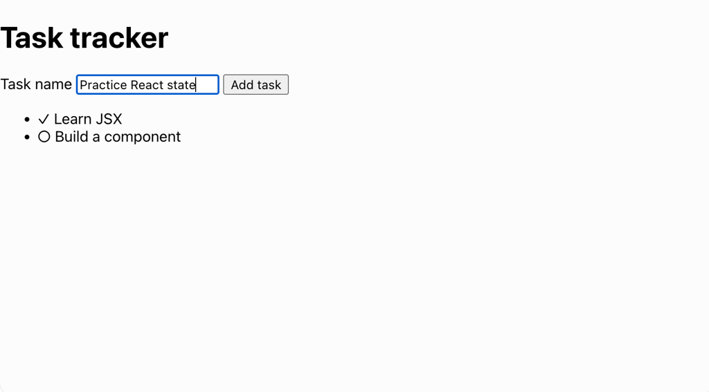 task-tracker-task-form-added-task React task form with an input, Add task button, and newly added task