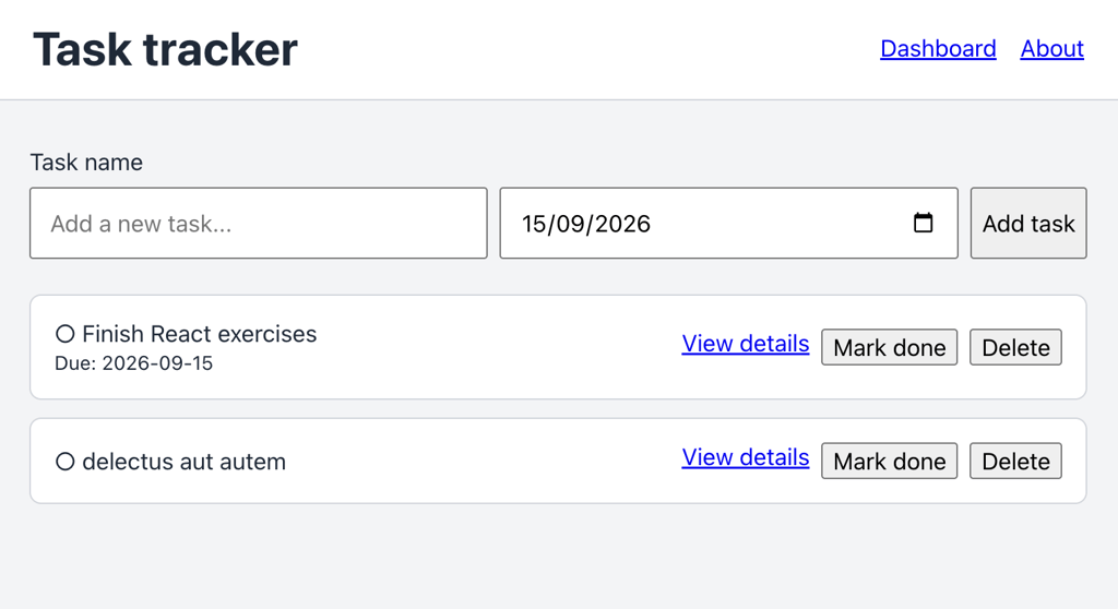 task-tracker-task-form-due-date React task form with a due date field and a task displaying its due date