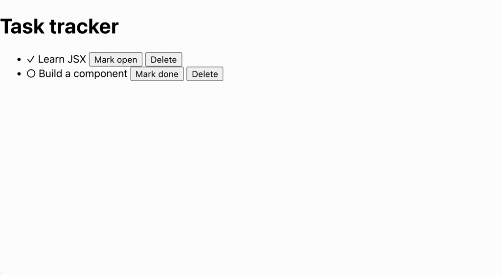 task-tracker-task-list-task-actions Task tracker with Mark done, Mark open, and Delete buttons