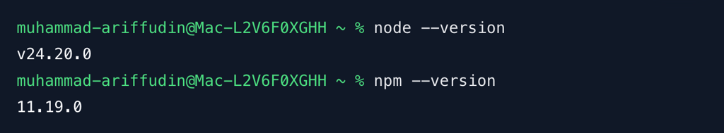terminal-node-js-npm-versions Terminal showing installed Node.js and npm version numbers