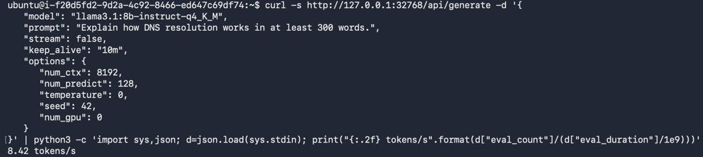 terminal-ollama-benchmark-cpu-curl-8-tokens-per-second CPU benchmark curl command output showing 8.42 tokens per second with num_gpu set to 0