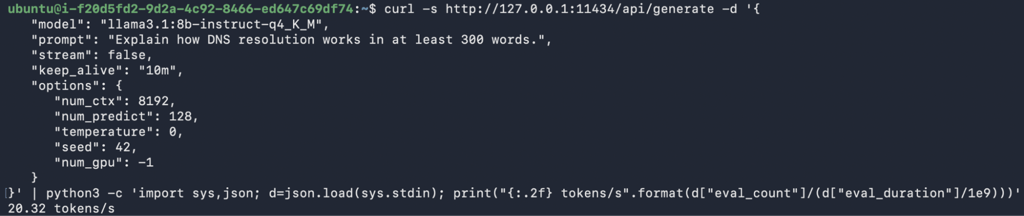 terminal-ollama-benchmark-gpu-curl-20-tokens-per-second GPU benchmark curl command output showing 20.32 tokens per second with num_gpu set to -1