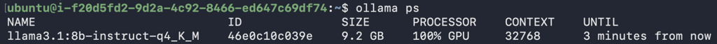 terminal-ollama-ps-llama-3-1-8b-100-percent-gpu Terminal output of ollama ps showing Llama 3.1 8B loaded at 100% GPU with 32K context