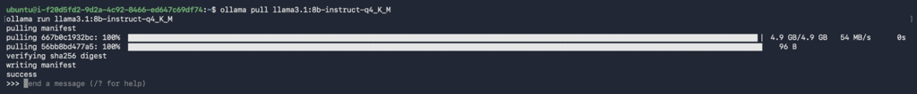 terminal-ollama-pull-run-llama-3-1-8b-q4-k-m-terminal Terminal output of ollama pull and ollama run downloading Llama 3.1 8B Q4_K_M