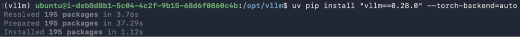 Terminal showing vLLM 0.28.0 installed with uv and the automatic PyTorch backend
