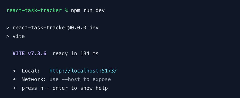 terminal-vite-development-server-localhost Terminal showing the Vite development server running on localhost
