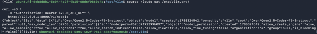 curl response listing Qwen2.5-Coder-7B-Instruct from the local vLLM API