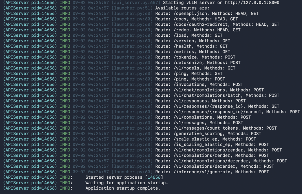 vLLM terminal output showing the API server running on 127.0.0.1:8000
