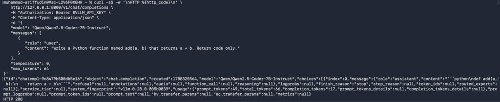 Terminal showing a successful vLLM chat completion request returning HTTP 200
