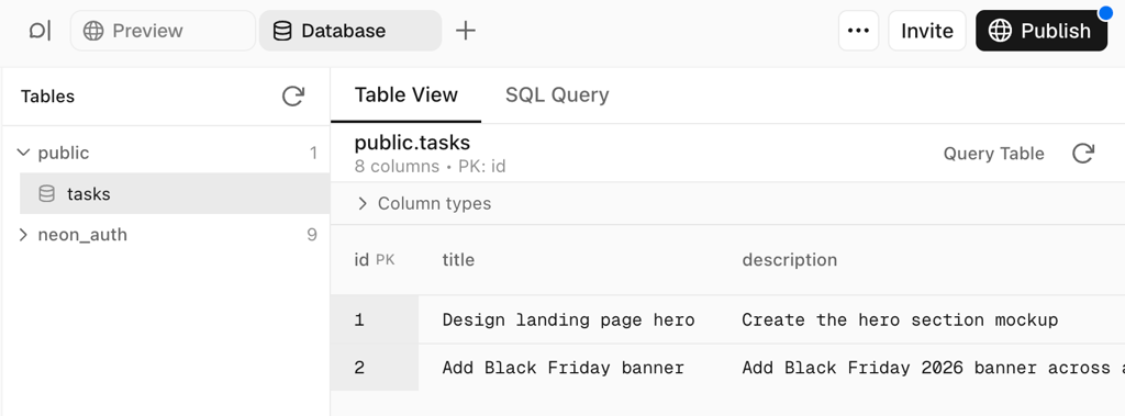 v0 Neon database table containing saved task records