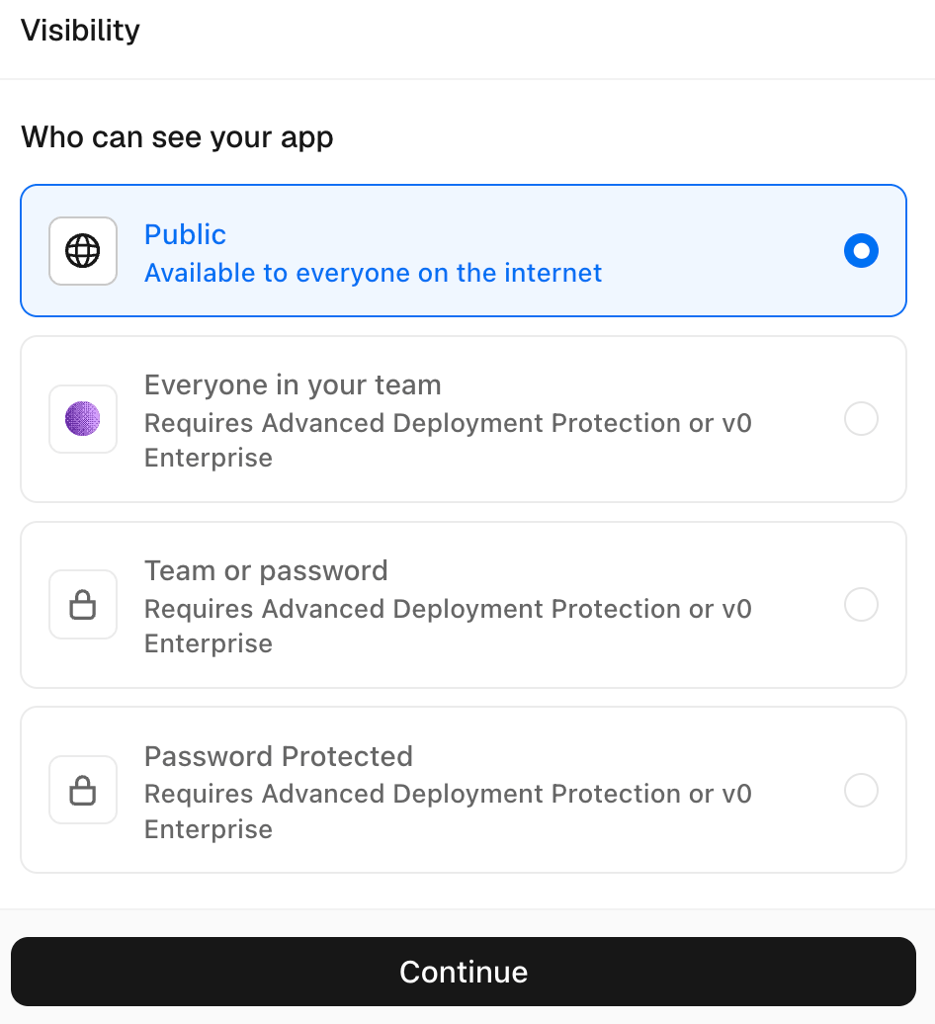 v0 deployment visibility settings with Public selected
